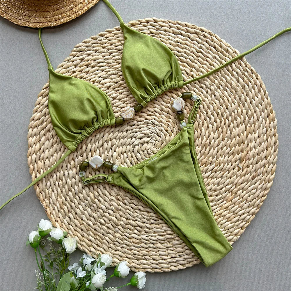Solid Green Sexy Halter Triangle Beaded Micro Bikini