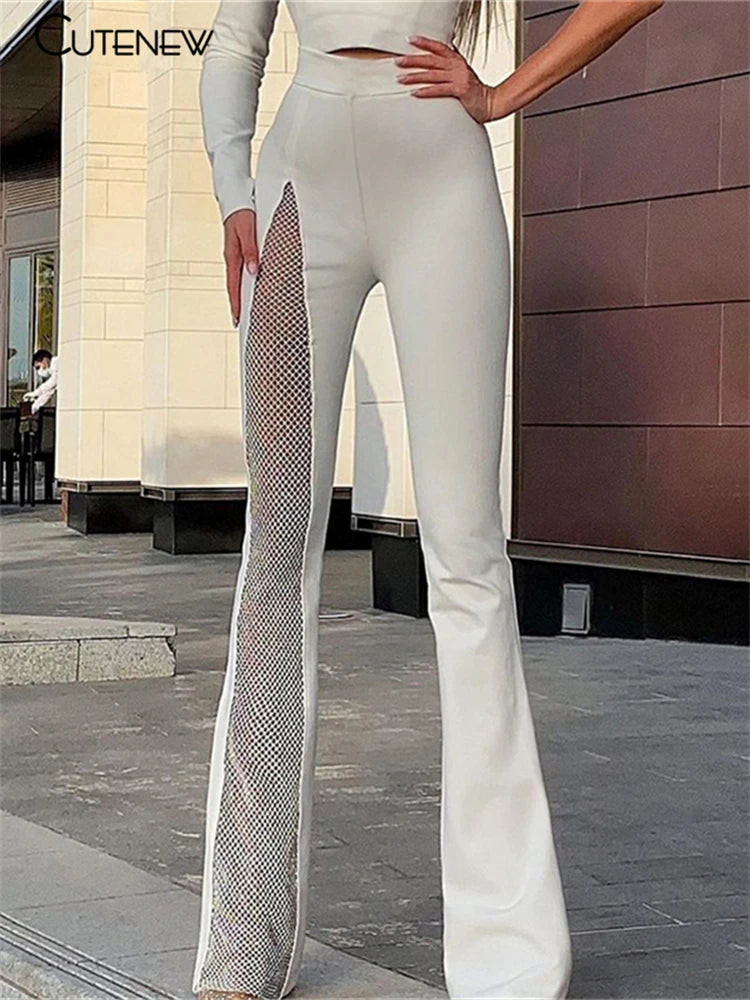 NIBBER Sexy Mesh Patchwork One Shoulder Playsuits Women Elegant Solid Skinny Flare Pants Jumpsuit Fashion Lady Party Streetwear