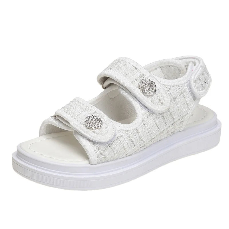 Platform Sandals Handmade Women Lattice Hook Loop Plaid Cloth Round Toe Summer Casual Ladies Outdoor Shoes