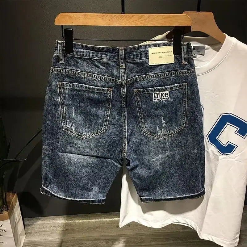 High-end 2025 New Luxury Clothing Trendy Men's Denim Shorts Loose Straight Ripped Hole Distressed Washed Cargo Short Pants