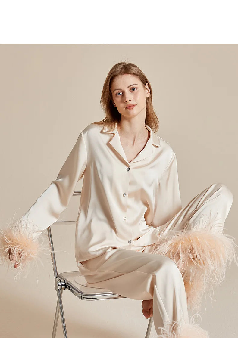 luxury feather‑trim satin pajama set