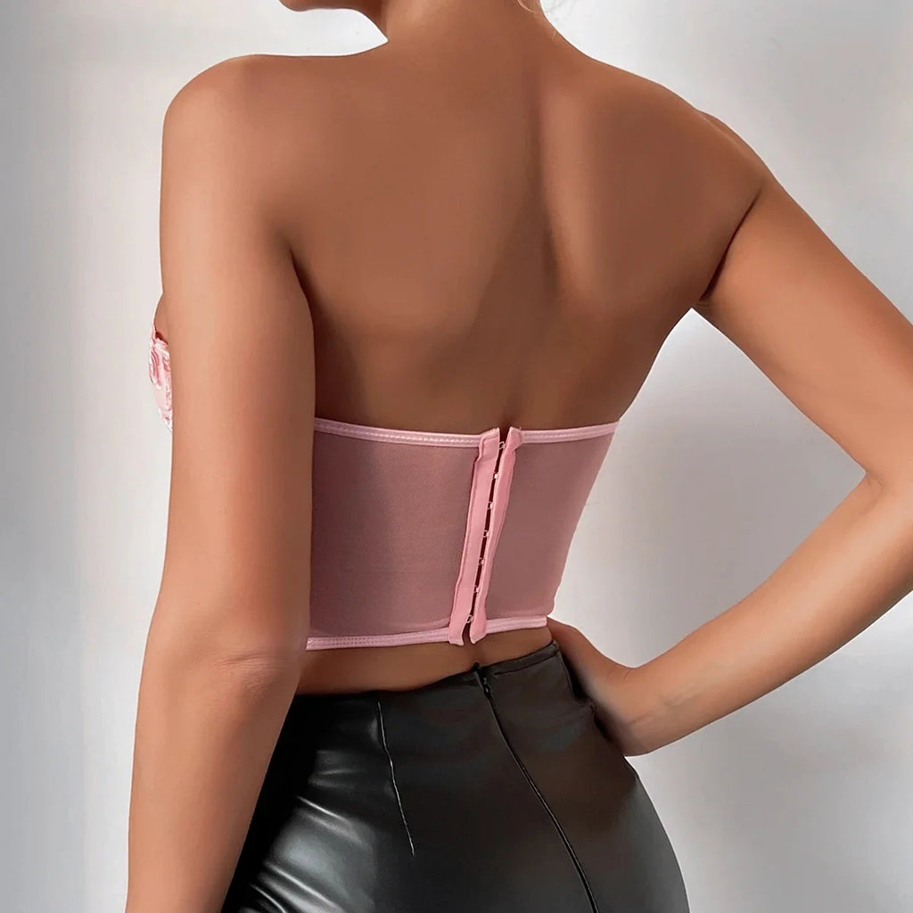 Yimunancy Strapless Crop Top Women Summer Floral Backless Top Ladies Black Sexy Top Clubtwear