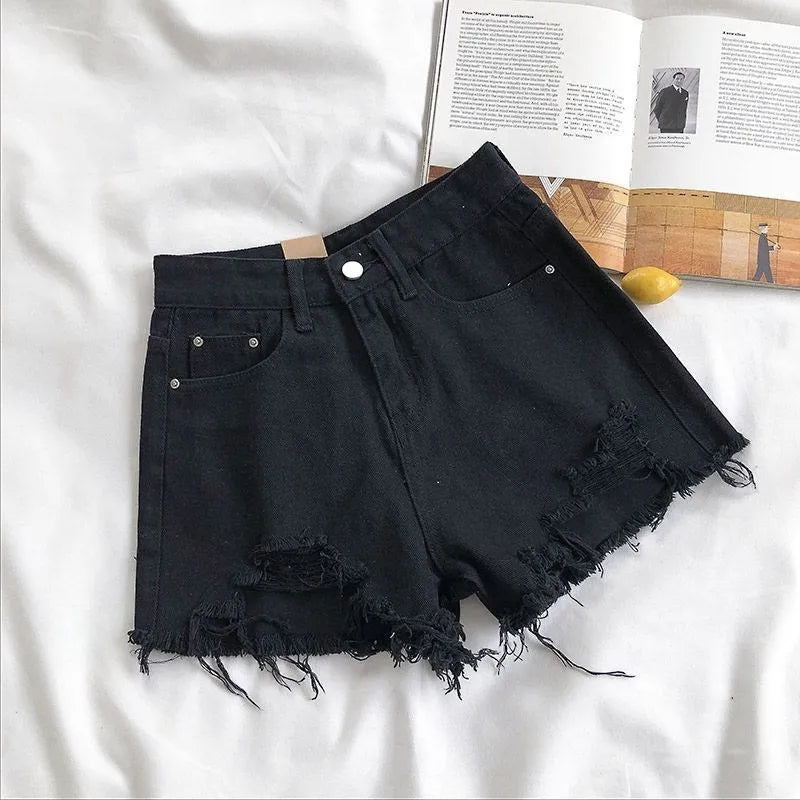 Women’s Korean High‑Waist Ripped Denim Shorts – Y2K Tassel Hot Pants Summer Streetwear (Blue)