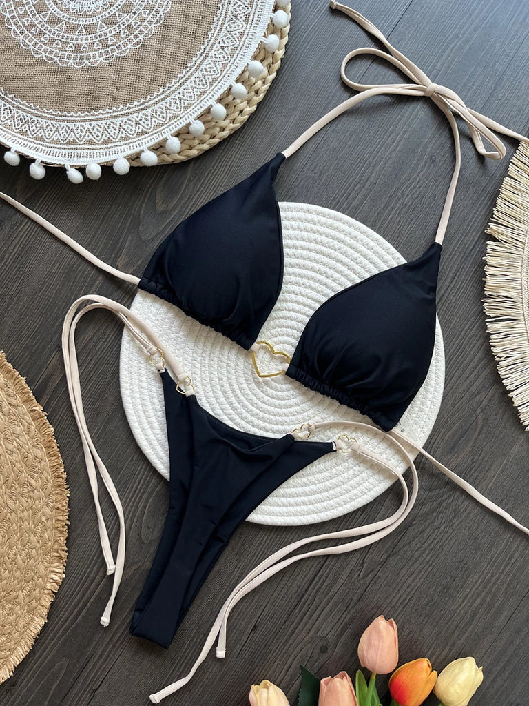 Women’s Sexy Halter Triangle Bikini – Low‑Waist Brazilian Thong Two‑Piece Swimsuit (Solid Color)