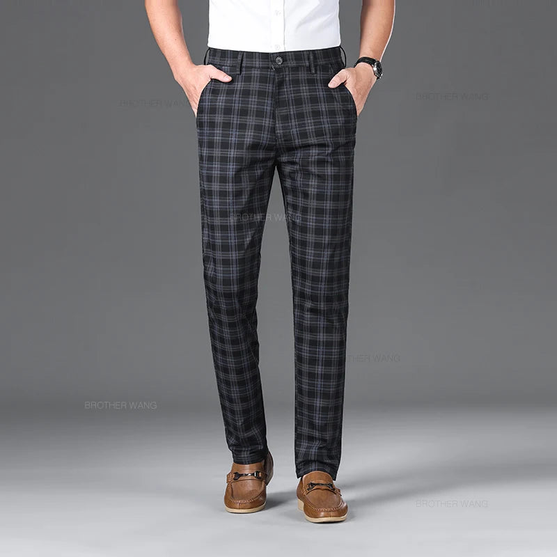 Slim‑Fit Plaid Cotton Pants