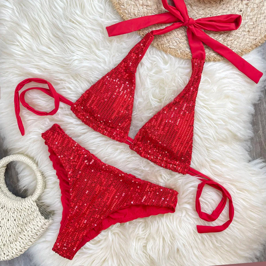 Melphieer Sequins Sparkle Bikini Set — Strappy Bandage Ruching Bum Two‑Piece Swimsuit for Beach, Pool & Holiday Outfits