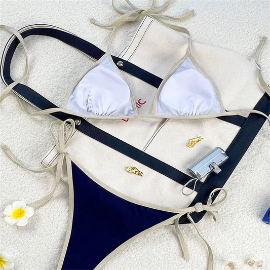 Women’s Vintage Blue Triangle Bikini – Border String Push‑Up Backless Extreme Swimsuit Beach Set
