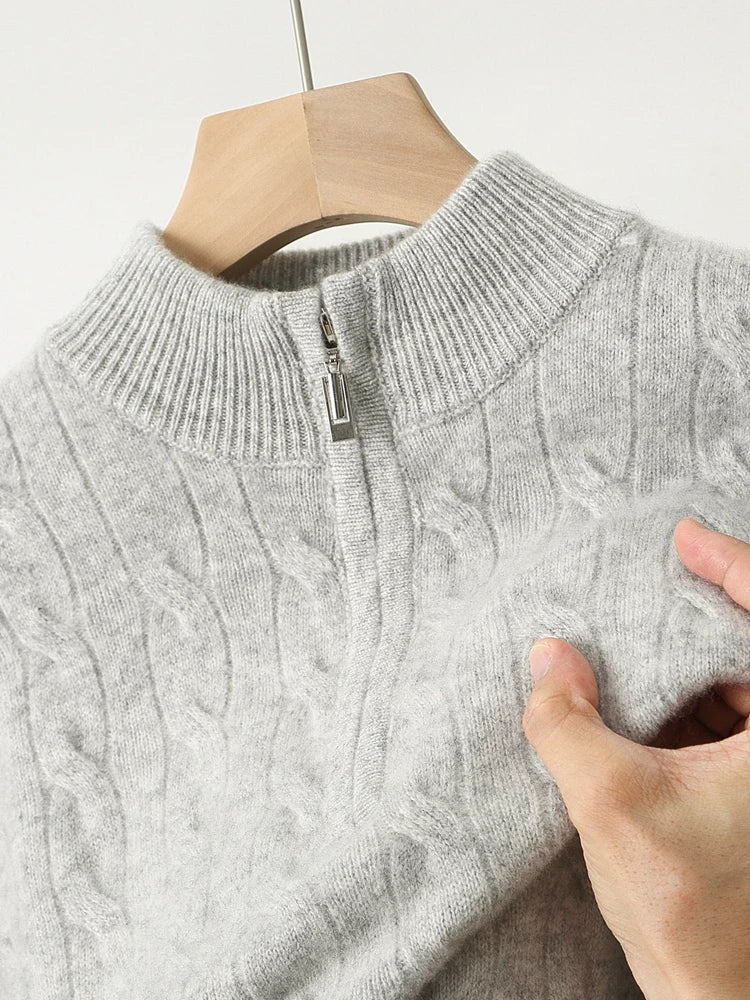 Autumn Winter Men Half Zippers 100% Merino Wool Sweater Thicken Twist Flower Pullover Retro Casual Cashmere Knitwear Solid Tops