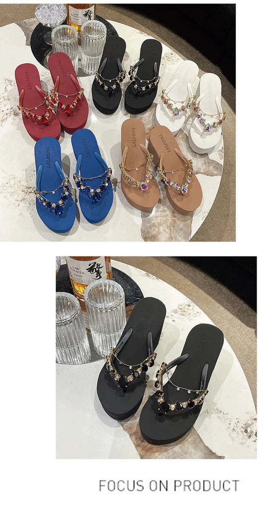 Women’s High Heeled Flip Flops — Diamond Slope Heel Slippers Elegant Beach Sandals