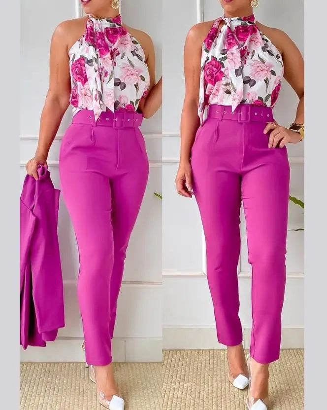 Colorful Women's Pants Suit Spring and Summer 2023 New Sleeveless Floral Print Hanging Neck Vest Belt High Waist Pants Suit