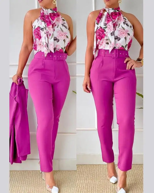 Colorful Women's Pants Suit Spring and Summer 2023 New Sleeveless Floral Print Hanging Neck Vest Belt High Waist Pants Suit