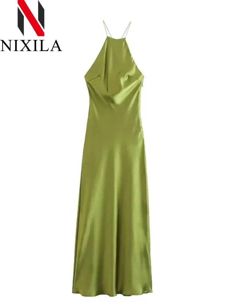New Spring Summer Women's Maxi Dress Satin Feeling Sleeveless Dress Fashion Style Banquet Sexy Dresses Evening Female Clothing