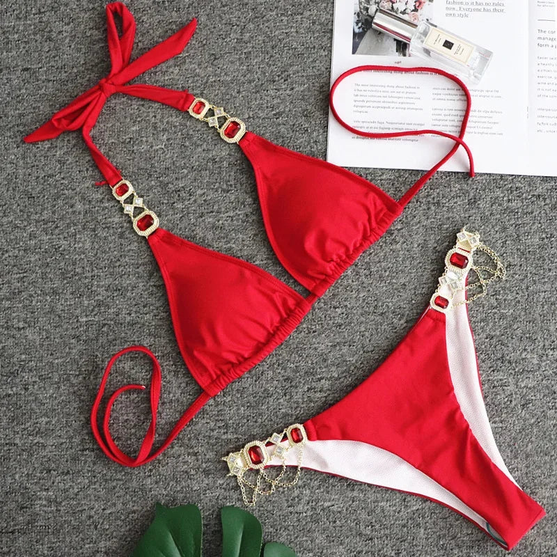 Women’s 2026 Rhinestone Diamond Bikini – Halter Chain Two‑Piece Swimsuit, Sexy Shiny Brazilian Swimwear