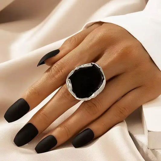 Bohemian Metal Big Black Stone Ring – Gothic Vintage Statement Jewelry for Men & Women