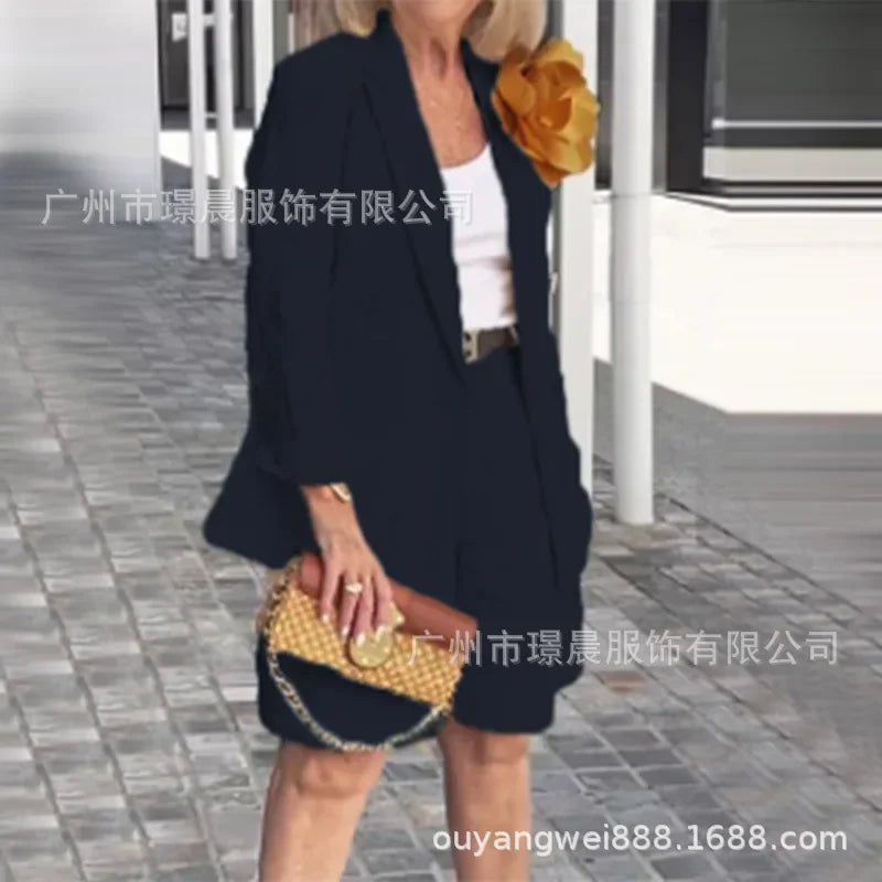 2pcs Women's Clothing Suit Collar Long Sleeve Blazer Jacket Cardigan & Shorts Pants Solid Color Office Lady Style