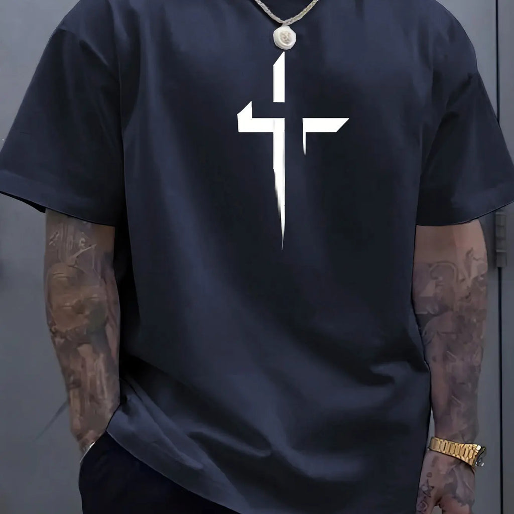 Men’s 100% Cotton Cross‑Print T‑Shirt – Loose Plus‑Size Summer Sports Tee | Comfortable Round‑Neck Casual Top