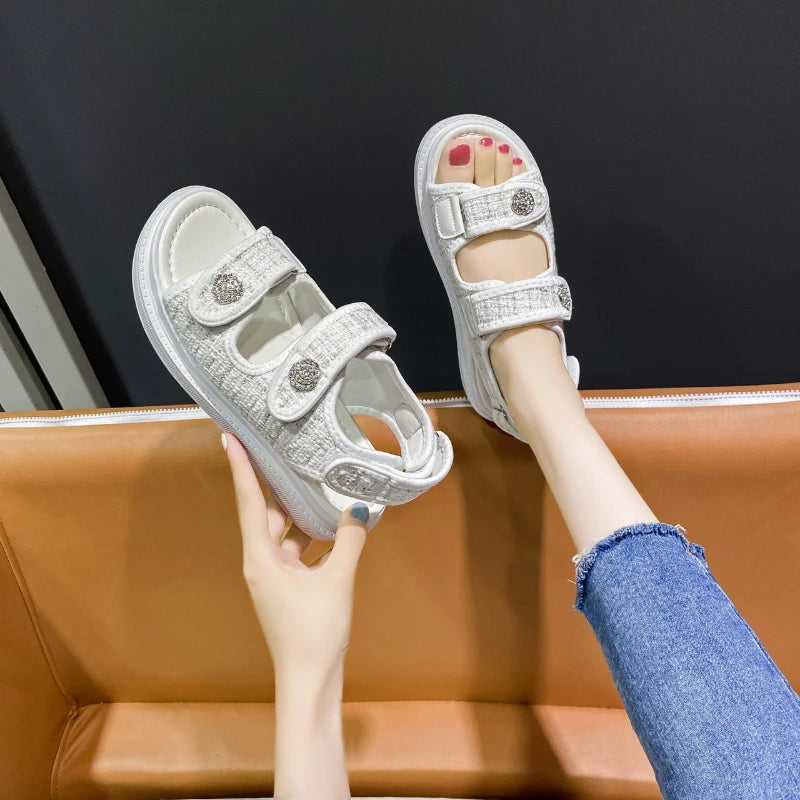 Platform Sandals Handmade Women Lattice Hook Loop Plaid Cloth Round Toe Summer Casual Ladies Outdoor Shoes