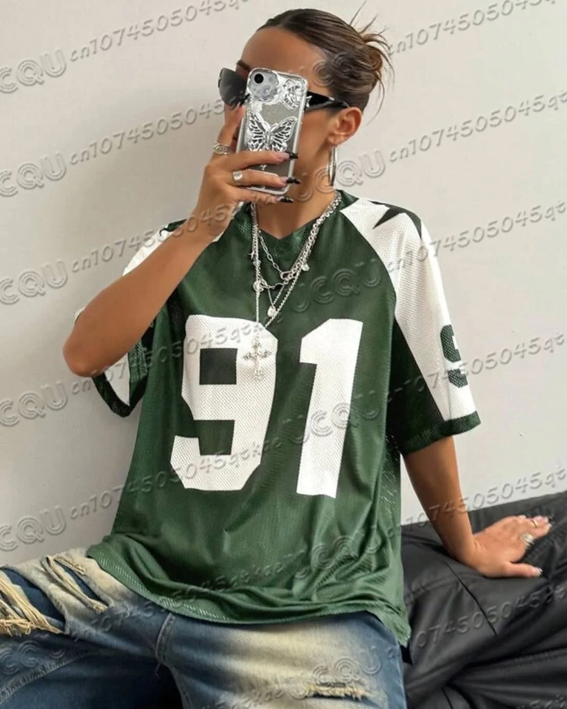 Oversized T-shirt For Women V-Neck Short Sleeve Summer Patchwork Speed 91 Printed Streetwear Tops Casual Football Jersey Y2k Tee