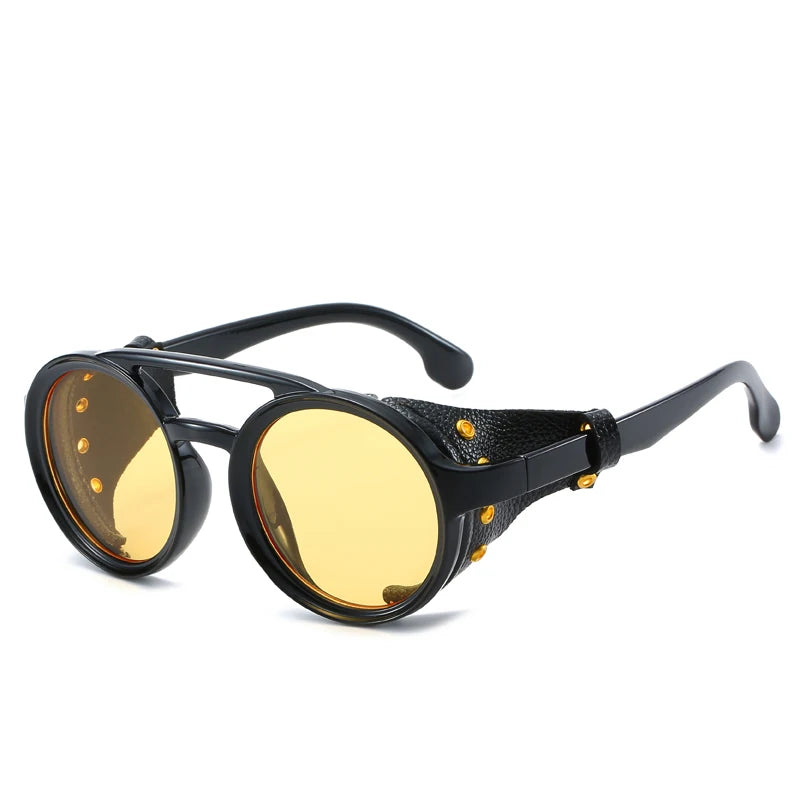 Steampunk Shields Sunglasses Men Women Classic Sun Glasses With Side Leather Round Eyewears Punk UV400 Lens