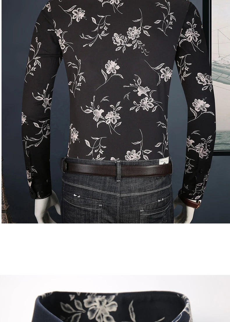 Men Long Sleeve Floral Print Shirt Brand Casual Fashion Button Up Printed Flower Shirts Dress Men Slim Fit Thin Clothing