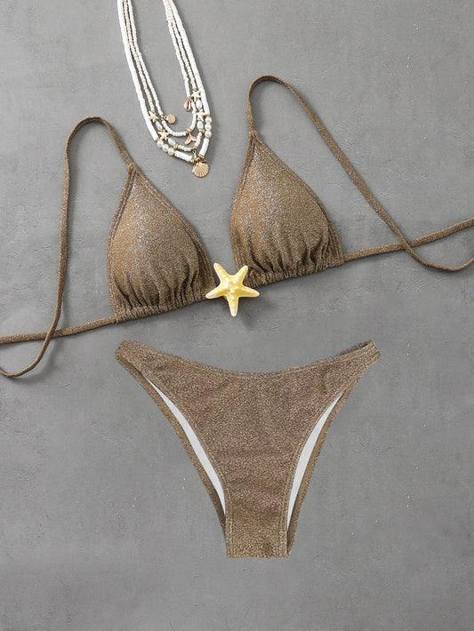 2026 New Sexy Halter Bikini Set Starfish Accessories Swimwear Women's Swimsuit Beachwear Black Green Lacing Up Bathing Suit