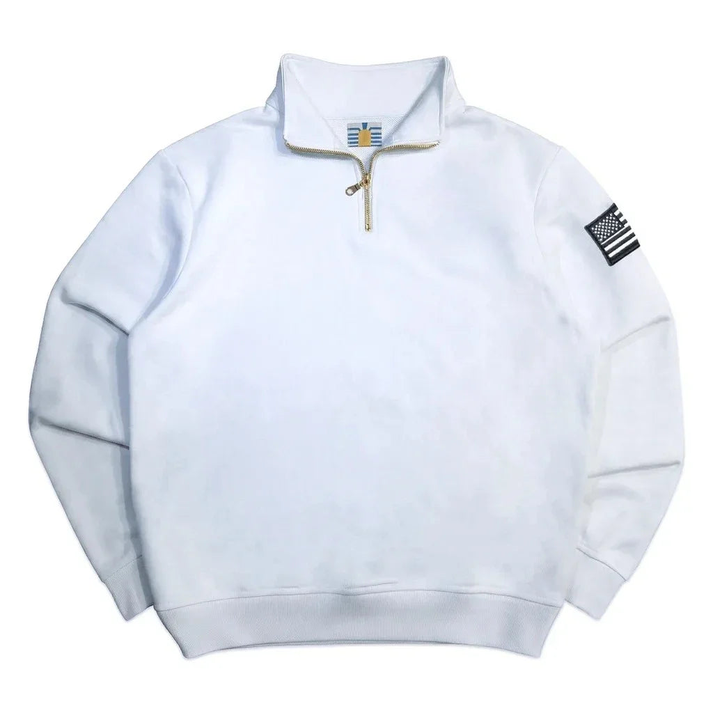 Y2K American Flag Embroider Hoodies Quarter Zip Sweatshirts Men Navy Blue White Pullover Patch Sleeve Streetwear Casual Sweater