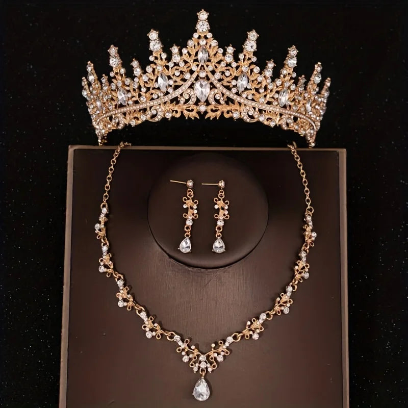 3 Pcs Luxury Silver Color Crystal Water Drop Bridal Jewelry Set Rhinestone Tiara Crown Necklace Earring Set Bridal Wedding Jewel
