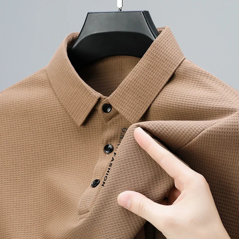 Waffle Knit Long‑Sleeve Polo Shirt