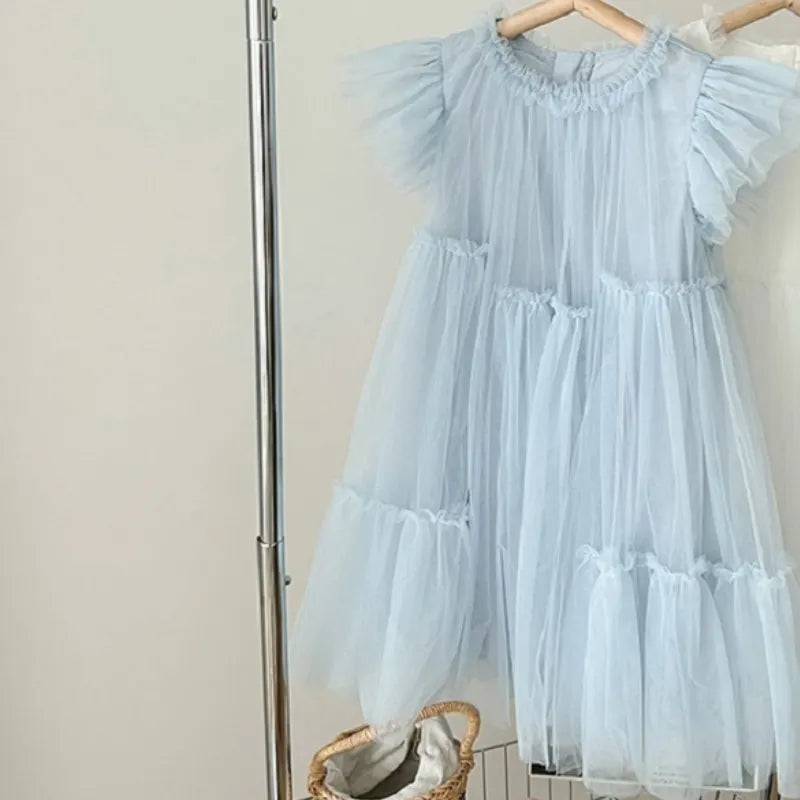 Fashion Baby Girl Princess Tutu Long Dress Fly Sleeve Infant Toddler Mesh Tulle Vestido Party Pageant Birthday Ball Gown 1-12Y