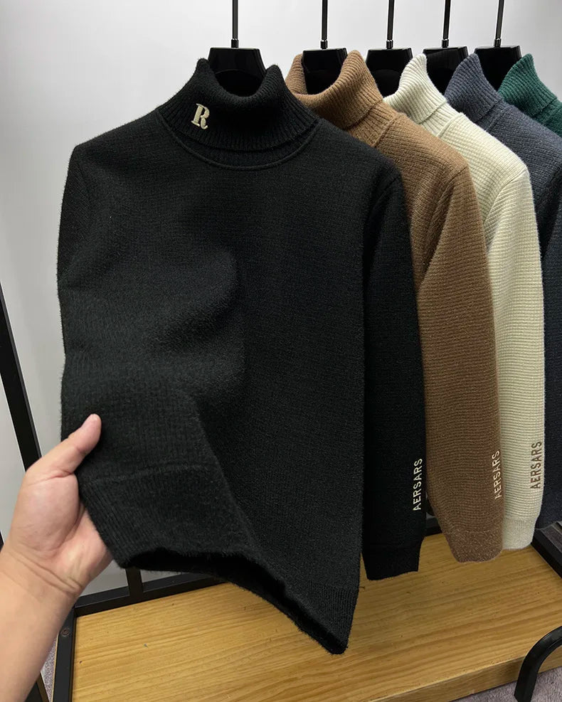 Men’s Luxury High‑Neck R‑Embroidery Sweater