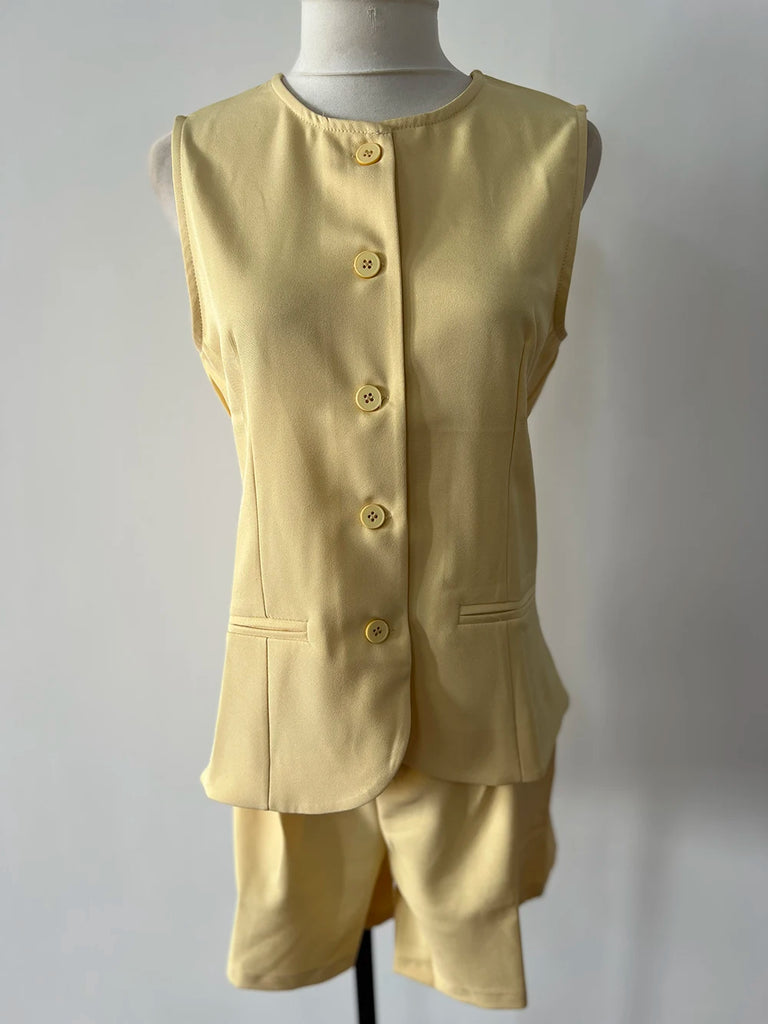 Xgoth Summer Fashion High end Yellow Vest High Waist Shorts Set Loose Casual Solid Color Commuter Two Piece Set Women Outfits