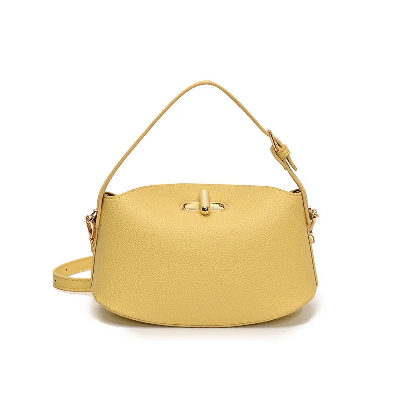 Litchi Leather Gold Button Handbag Brand Niche Fashion Simple Bucket Bag Korea Soft Pink Versatile Luxury Shoulder Bag For Women