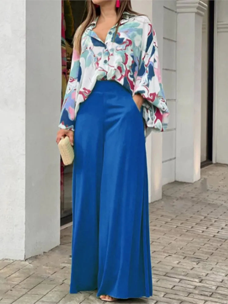 Spring And Autumn For Women's Printed Long Sleeved Shirt Set Casual Fashion Elegant Wide Leg Trousers Female Office 2 Piece Set