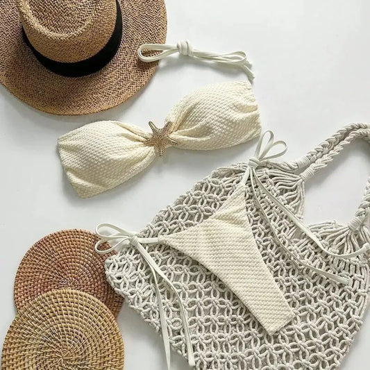 Women’s Solid Lace‑Up Bikini – European/American Fresh‑Style Split Swimsuit | 2026 Summer Beachwear