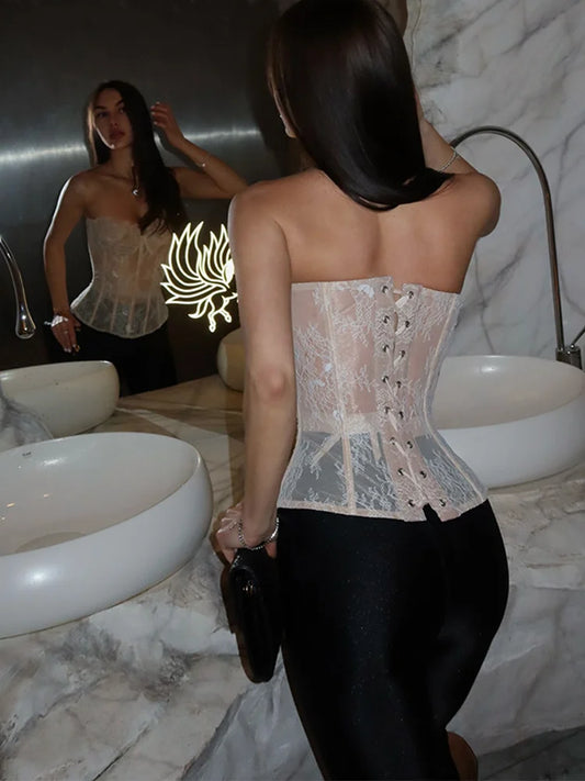 Transparent Lace Fishbone Lace Up Tube Tops Women Sexy Strapless Sleeveless Backless Hollow Out Sheath Top Spring Lady Clubwear
