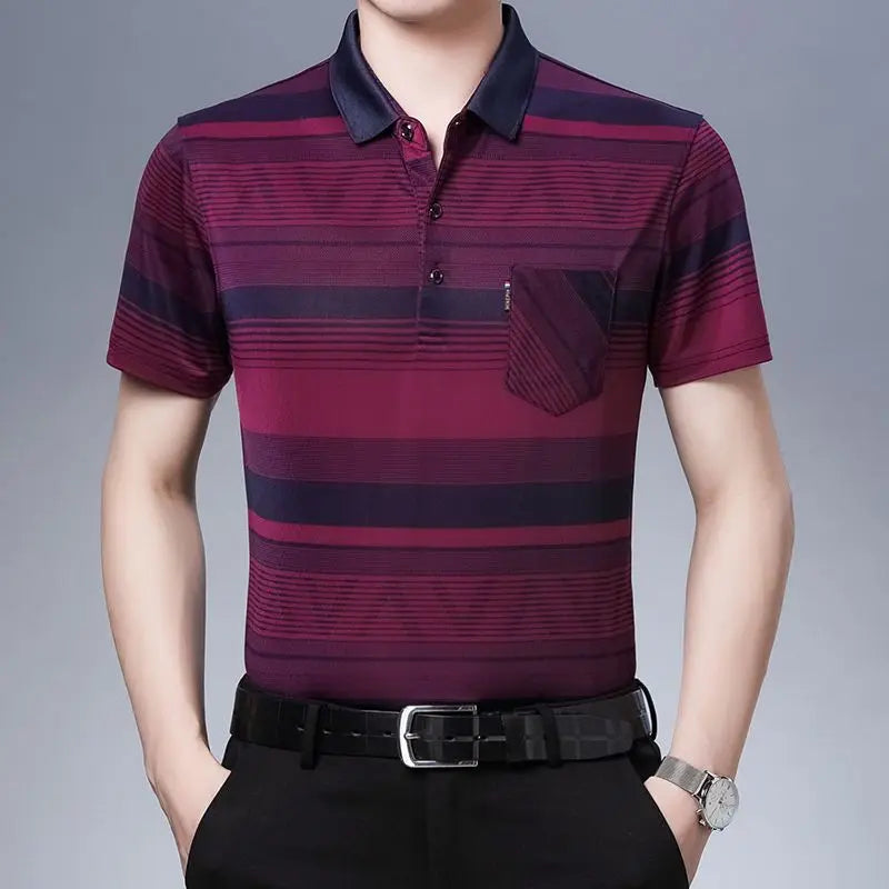 New Summer Men's Short Sleeved T-shirt Ice Silk Middle Aged Lapel Polo Shirt