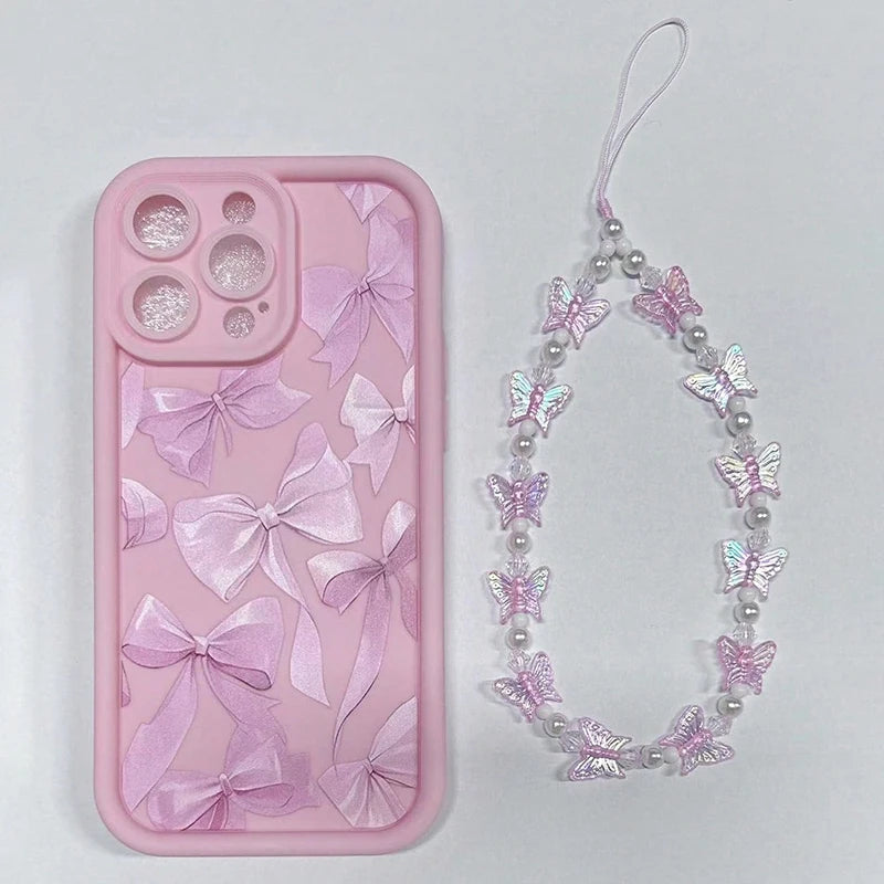 Pink Bow Pattern Silicone Phone Case For iPhone 16 Pro Max 15 14 13 12 11 Pro Max 16E X XS XR 7 8 Plus Butterfly Charm Cover
