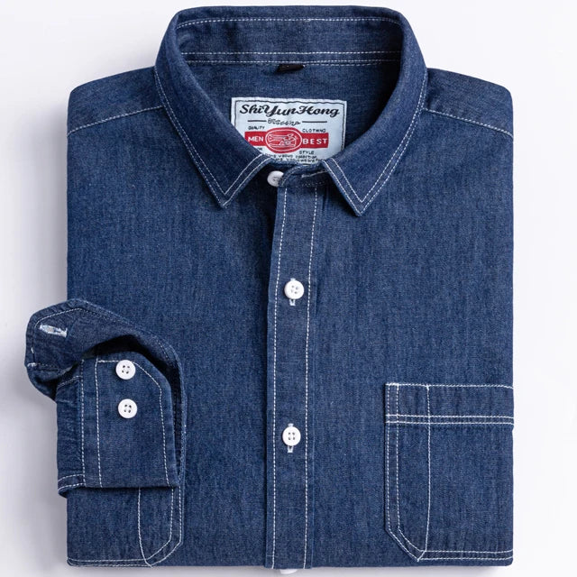 Man 100% Cotton Western Denim Pocket Shirt Long Sleeve Standard-fit Comfort Durability Soft Casual Washed Durability Work Shirts
