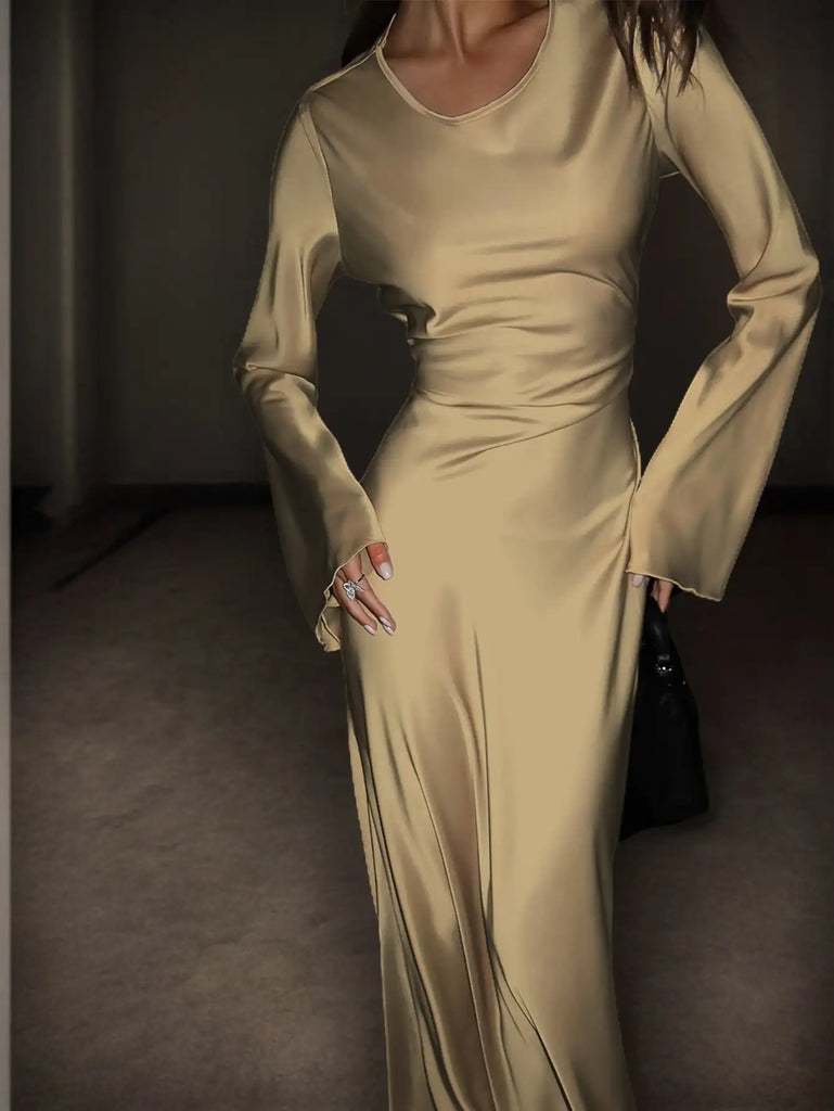 Women’s Bespoke Satin Maxi Dress – Corset Waist Tie, Round Neck & Flared Sleeves | Luxury Evening Gown 2026
