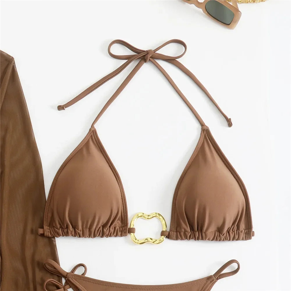 Women’s Brown Halter String Triangle Bikini Set — 4‑Piece Mesh Smock Cover‑Up Swimwear with Metal Ring Details