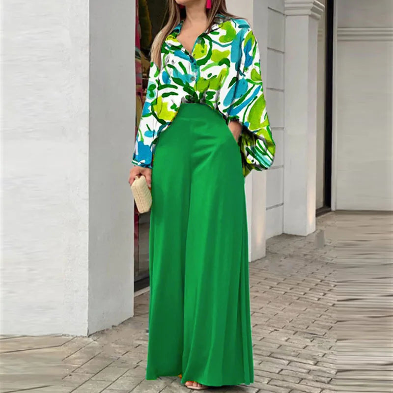 Spring And Autumn For Women's Printed Long Sleeved Shirt Set Casual Fashion Elegant Wide Leg Trousers Female Office 2 Piece Set