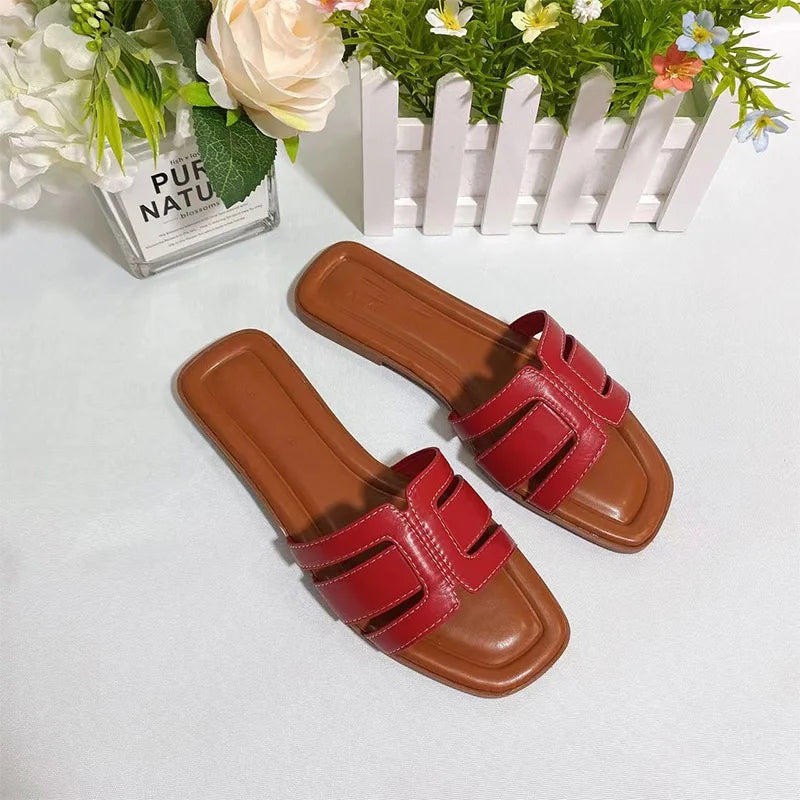 Women’s French Square Toe Slides — Multicolor H‑Slippers Summer Beach Sandals High‑Quality Designer Style