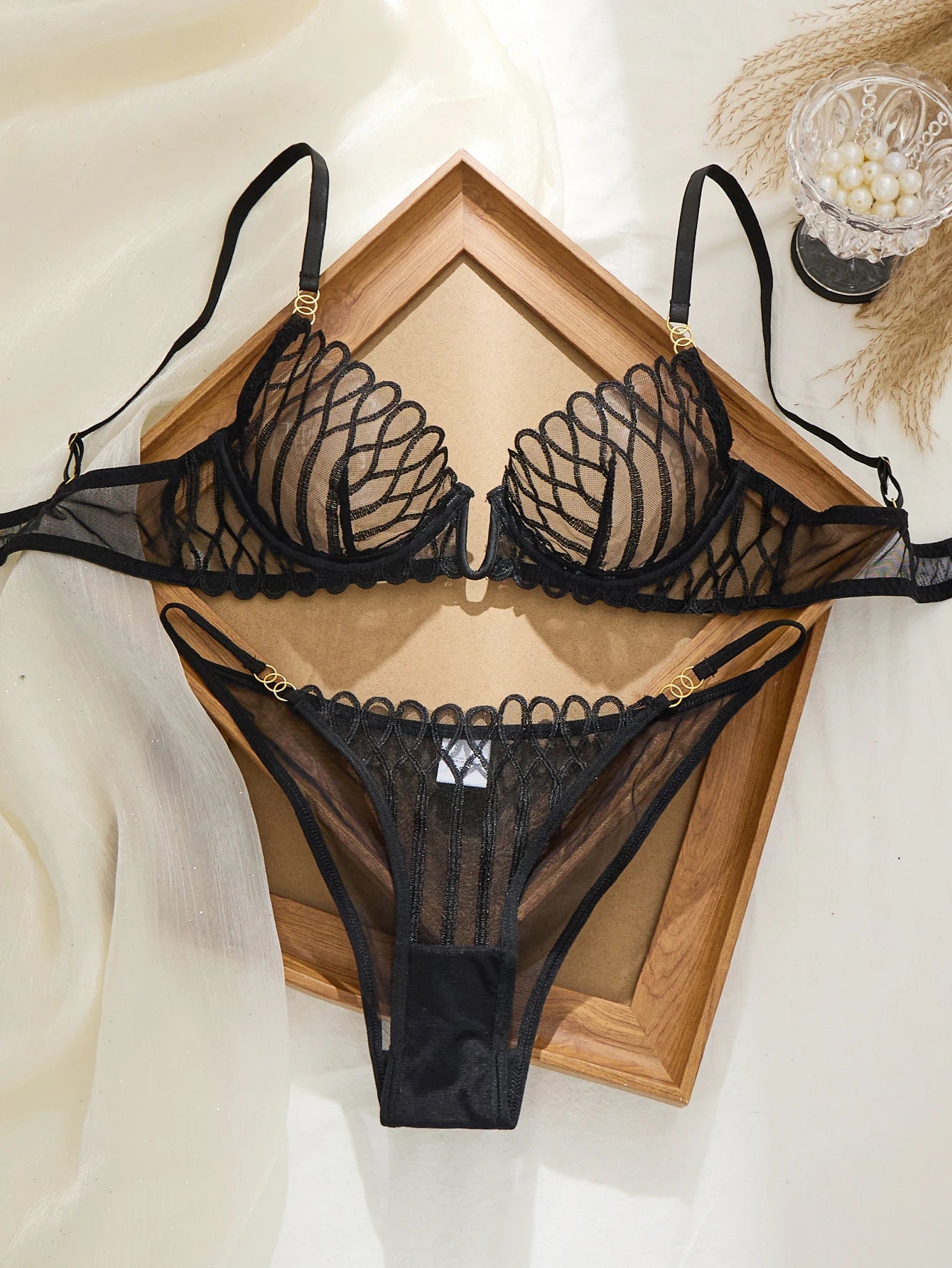 French‑Style Embroidered Transparent Lingerie Set