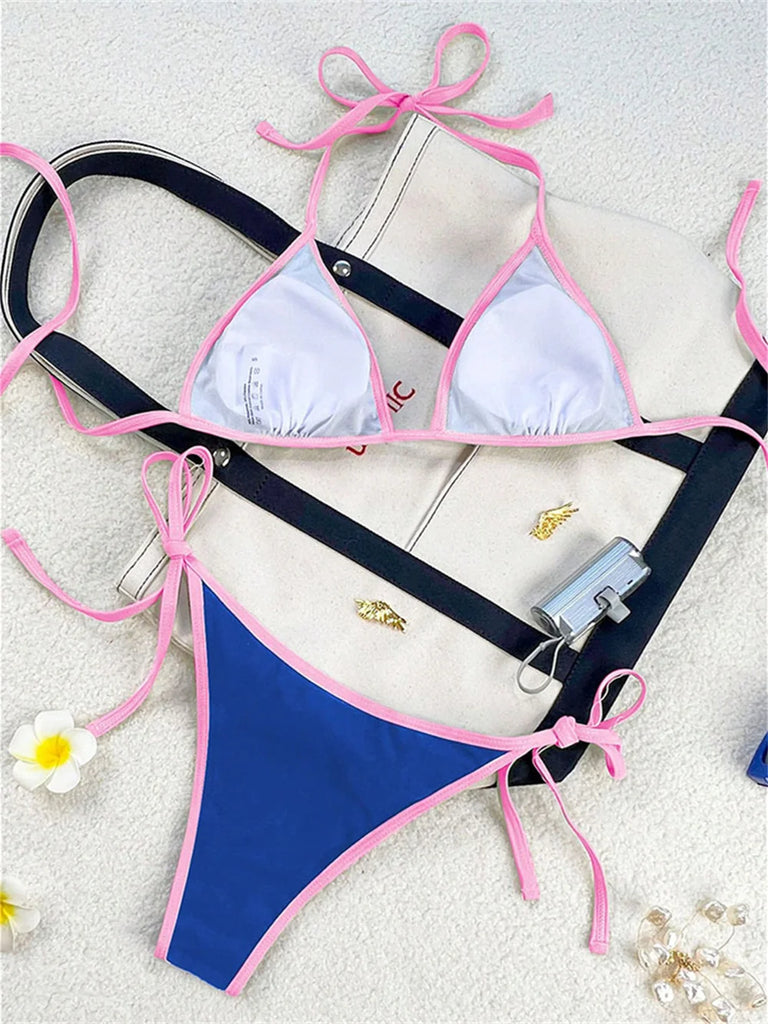 Women’s Vintage Blue Triangle Bikini – Border String Push‑Up Backless Extreme Swimsuit Beach Set