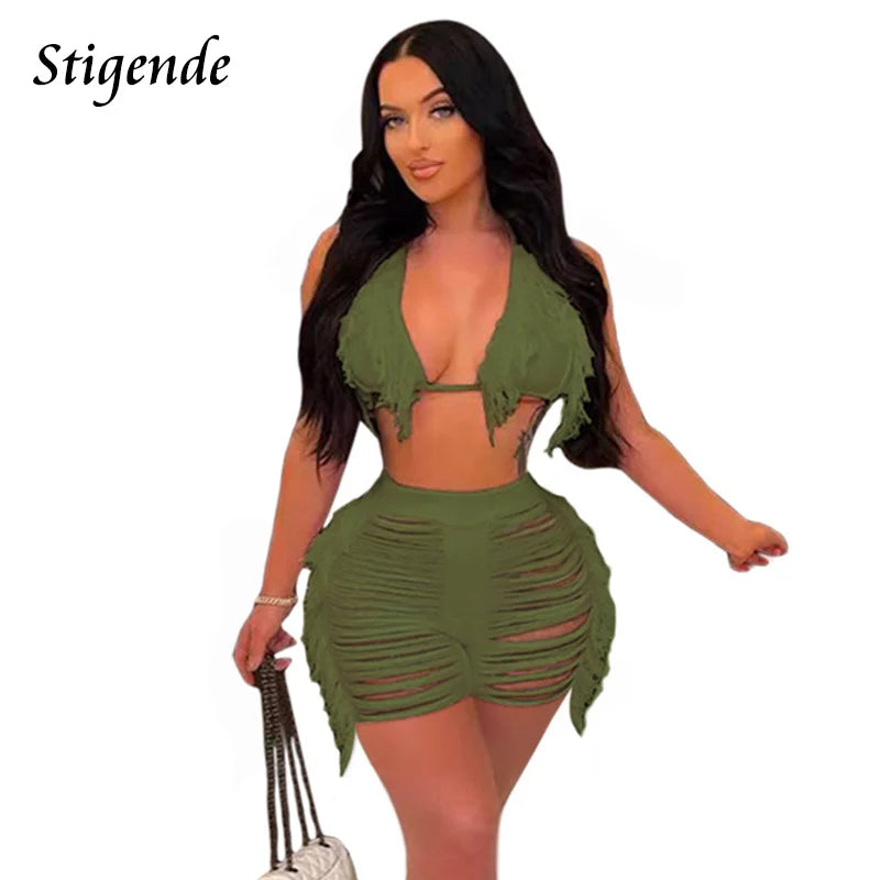 Stigende Women Fringe Tassel Bikini Shorts Set Hollow Out Jamaican Crochet Swimwear Summer Beach Knitted Cover Up Swimsuit