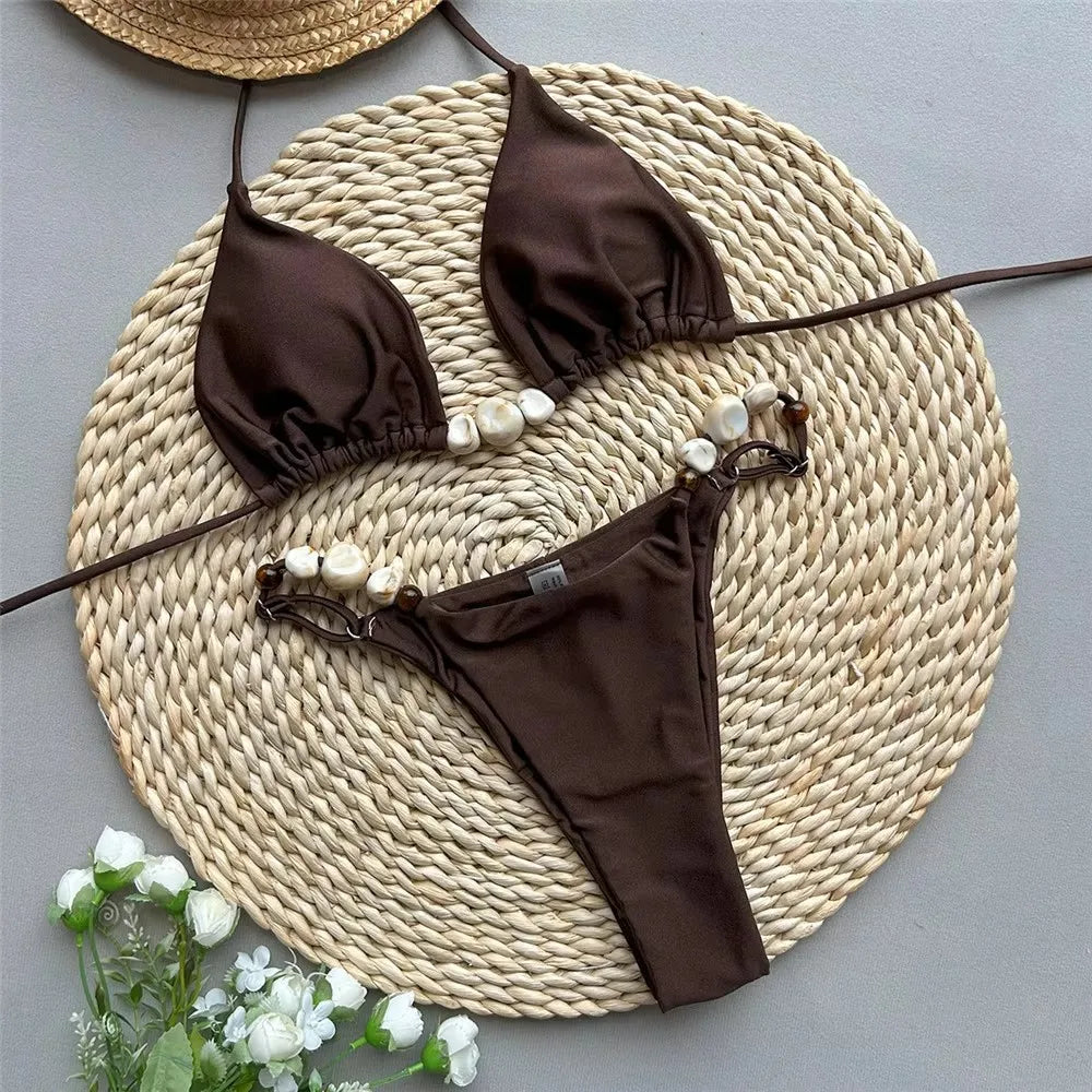 Solid Green Sexy Halter Triangle Beaded Micro Bikini