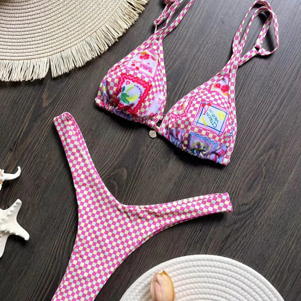 Brazilian High‑Leg Plaid Bikini