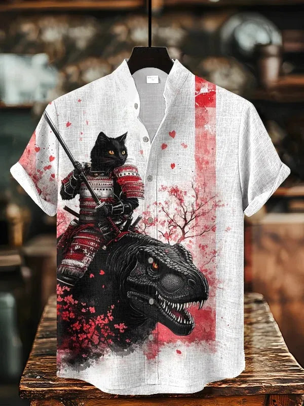 Men's Retro Cat Shirt Funny Calligraphy Dinosaur Volcanic Eruption Print Short Sleeve Holiday Outwear Vintage Japanese Clothing