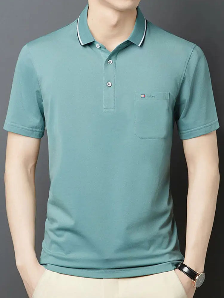 Top Grade Summer Short Sleeve Korean New Fashion Cotton Soft Pure Color Lapel Slim Fit Casual Tops Men's pocket Polo Shirts
