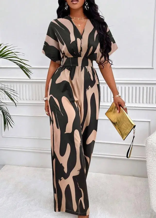 2024 Women Autumn Fashion Leopard Print Sexy V-neck Casual Horn Sleeve Elastic Waist Loose Comfortable Jumpsuit Jumpsuit Women